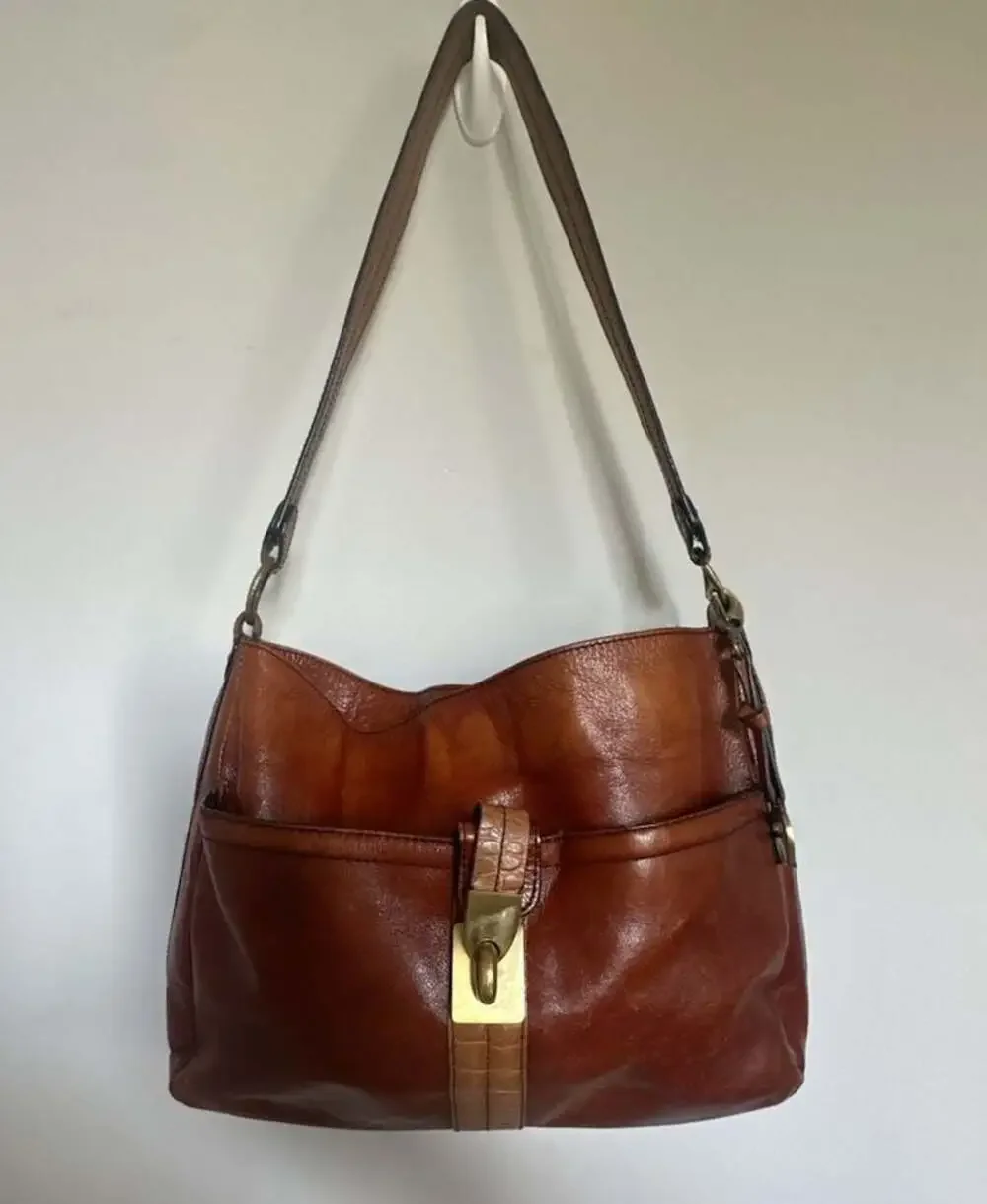 Etienne Aigner Vintage Brown Leather Hobo Shoulder Bag with Gold-Tone Hardware